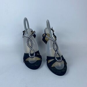 Nina Graysen High Healed Womens 8.5M‎ Black Lather Open Toe Rhinestone Strap